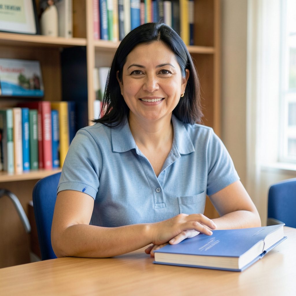 Estudiante peruana sonriente con libros de texto del MINEDU, fondo azul institucional